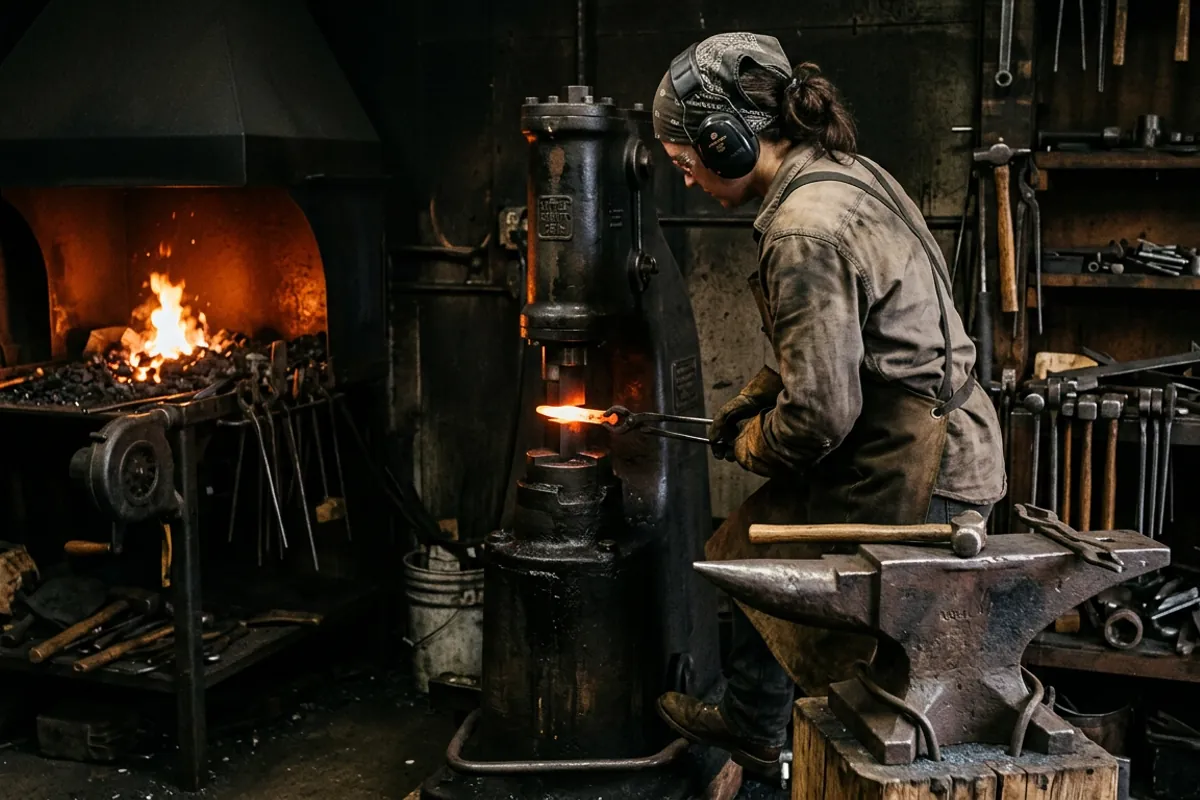 Hearing protection and eye protection worn at the treadle of a forging power hammer