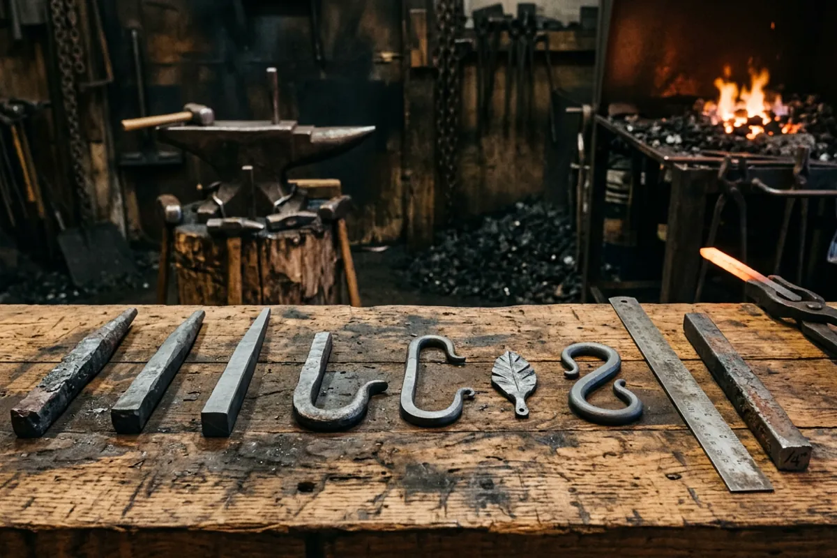 A bench of finished practice pieces showing how a forging project ladder progresses from crude to clean.