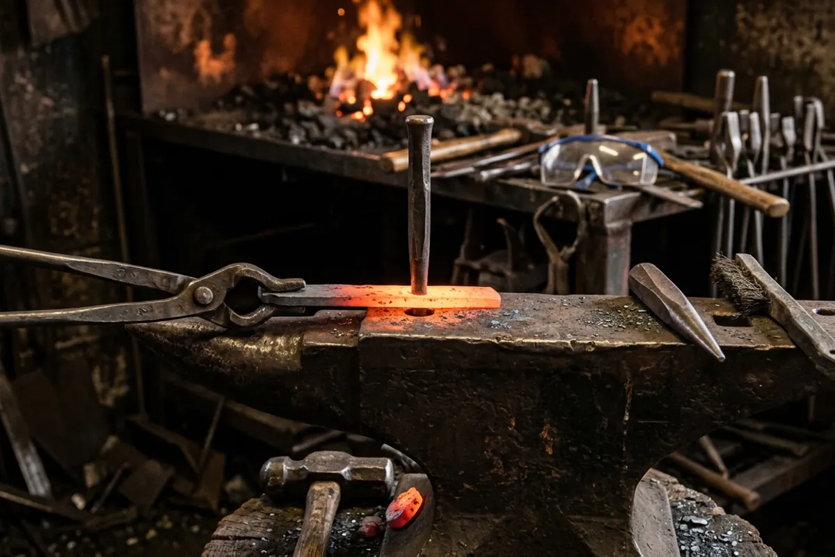 Punch and drift set up over the pritchel hole during the hole punching stage of a forging project.
