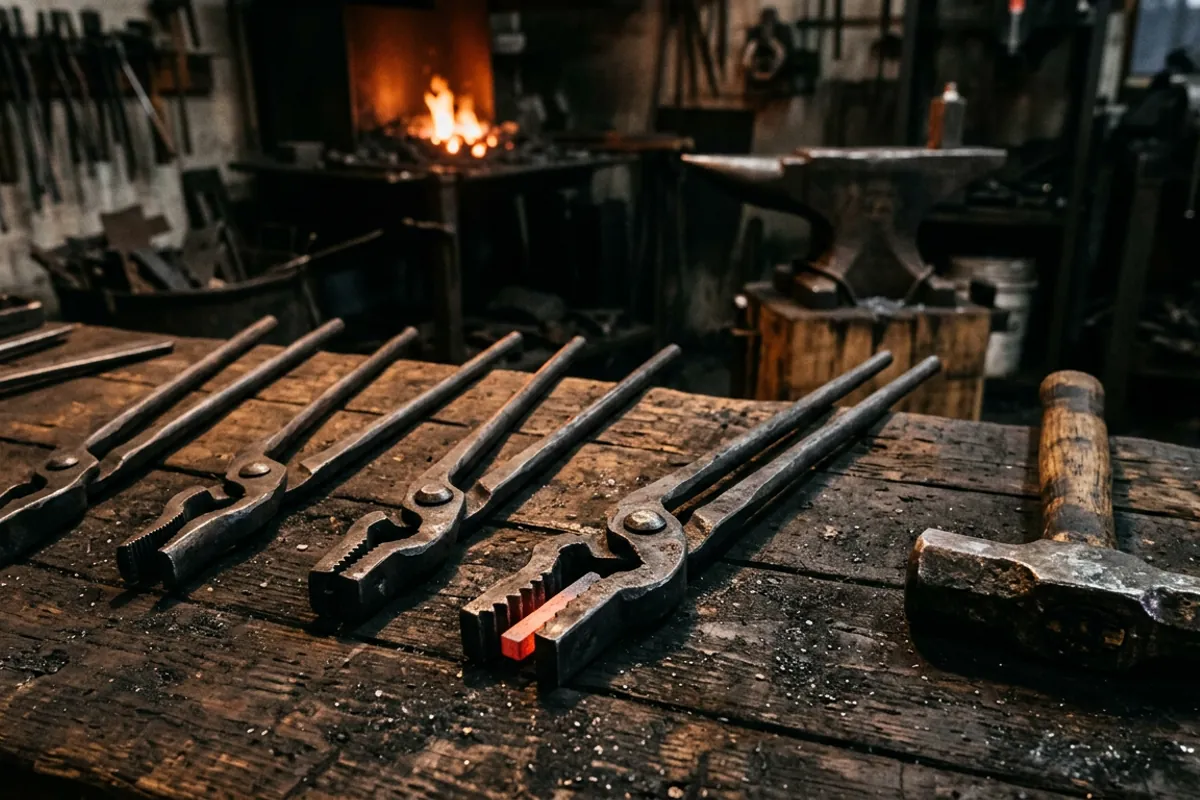 A row of forging tongs in different jaw patterns laid out on a blacksmith's bench
