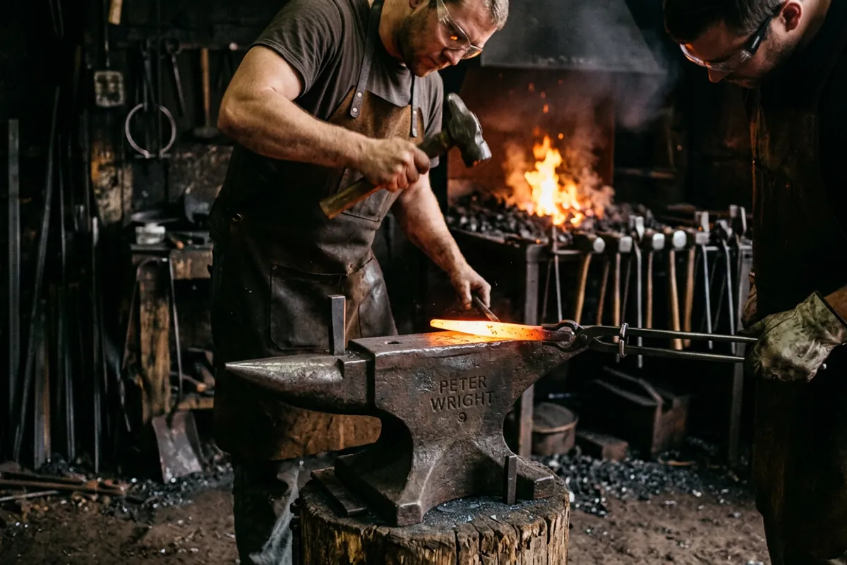 A smith using forging tongs with a tong ring and eye protection to hold hot steel at the anvil