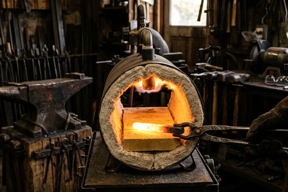 Inside the chamber of a gas forge showing the coated fiber liner and a bar of steel at yellow heat