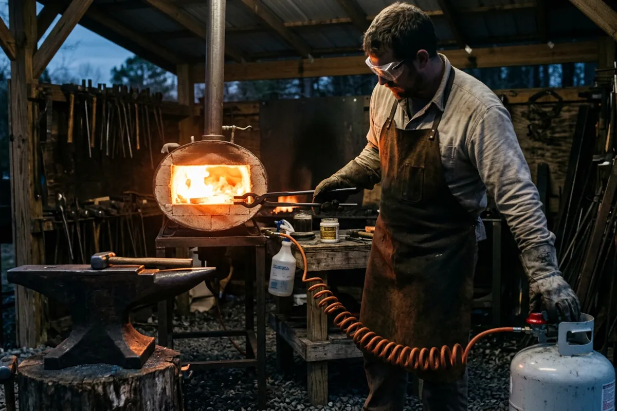 A smith adjusting the regulator on a gas forge propane tank set back from the running forge under an open shed