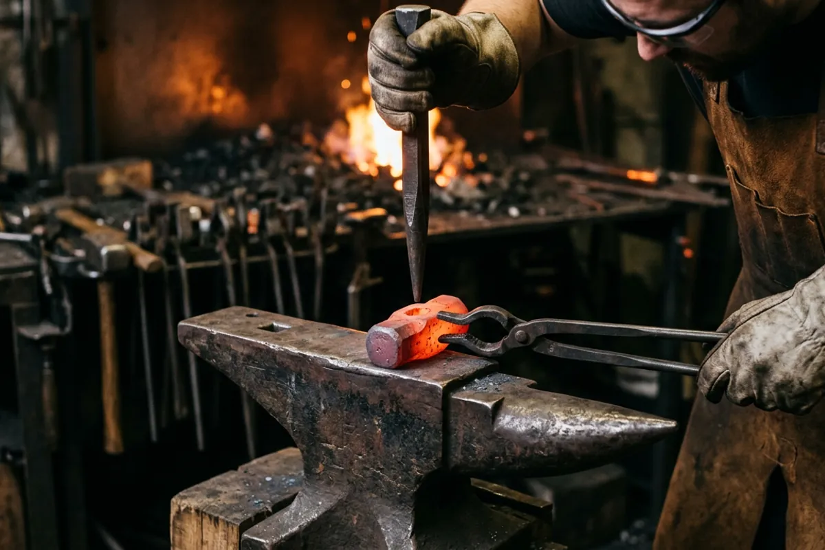 A smith positioning a hammer eye drift over the punched slot in a hot hammer head