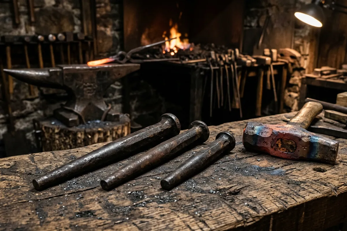 Several hammer eye drifts of different sizes laid out beside a partly forged hammer head