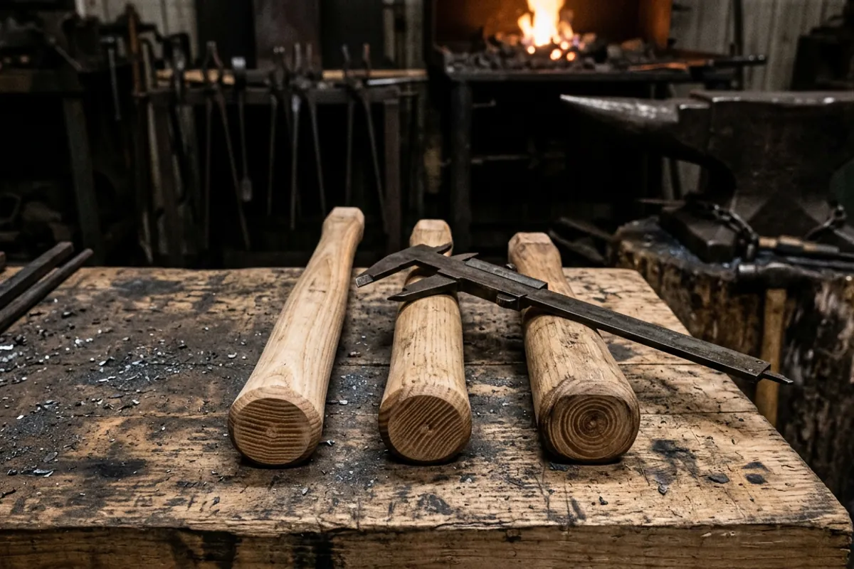 Three hickory hammer handle replacement blanks in different lengths laid on a workbench with calipers