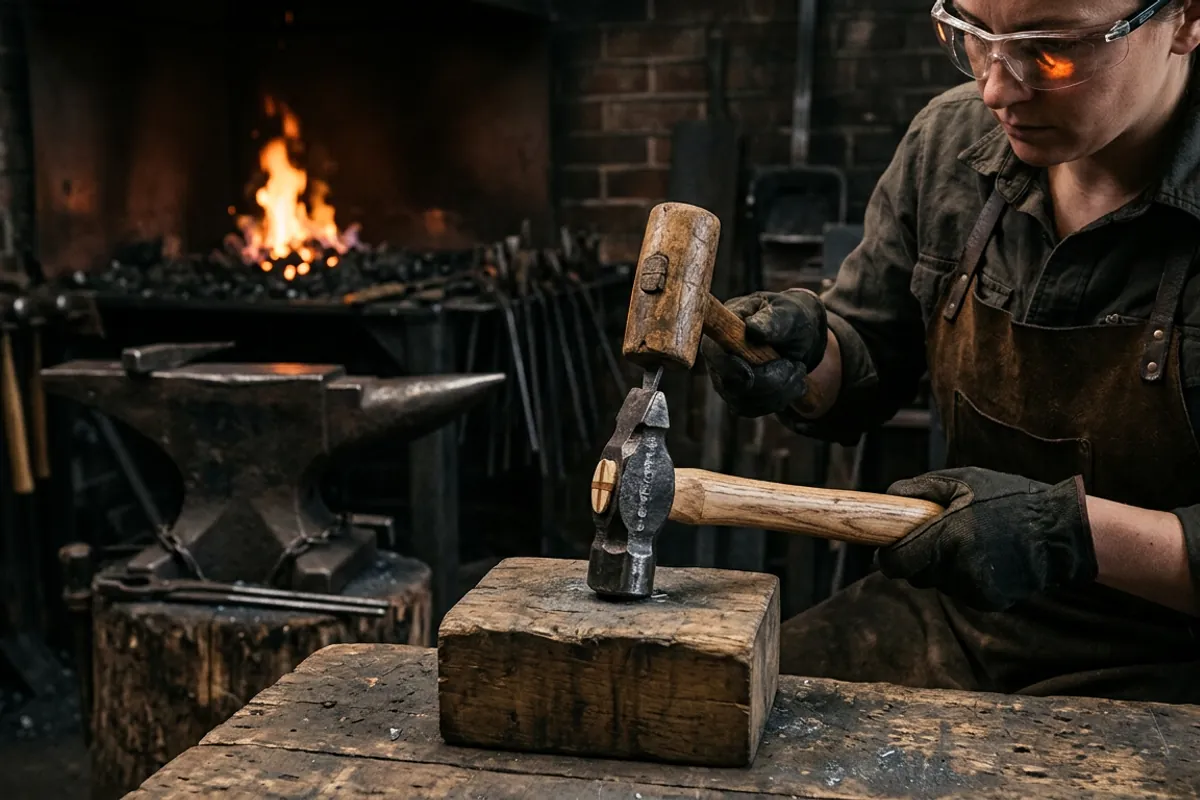 Driving a steel wedge into the top of a new handle while hanging a hammer head during a hammer handle replacement