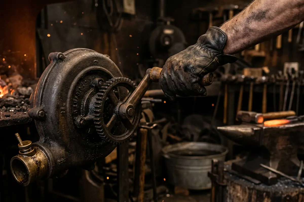 A gloved hand cranking a hand crank forge blower with the geared cast housing lit by forge glow