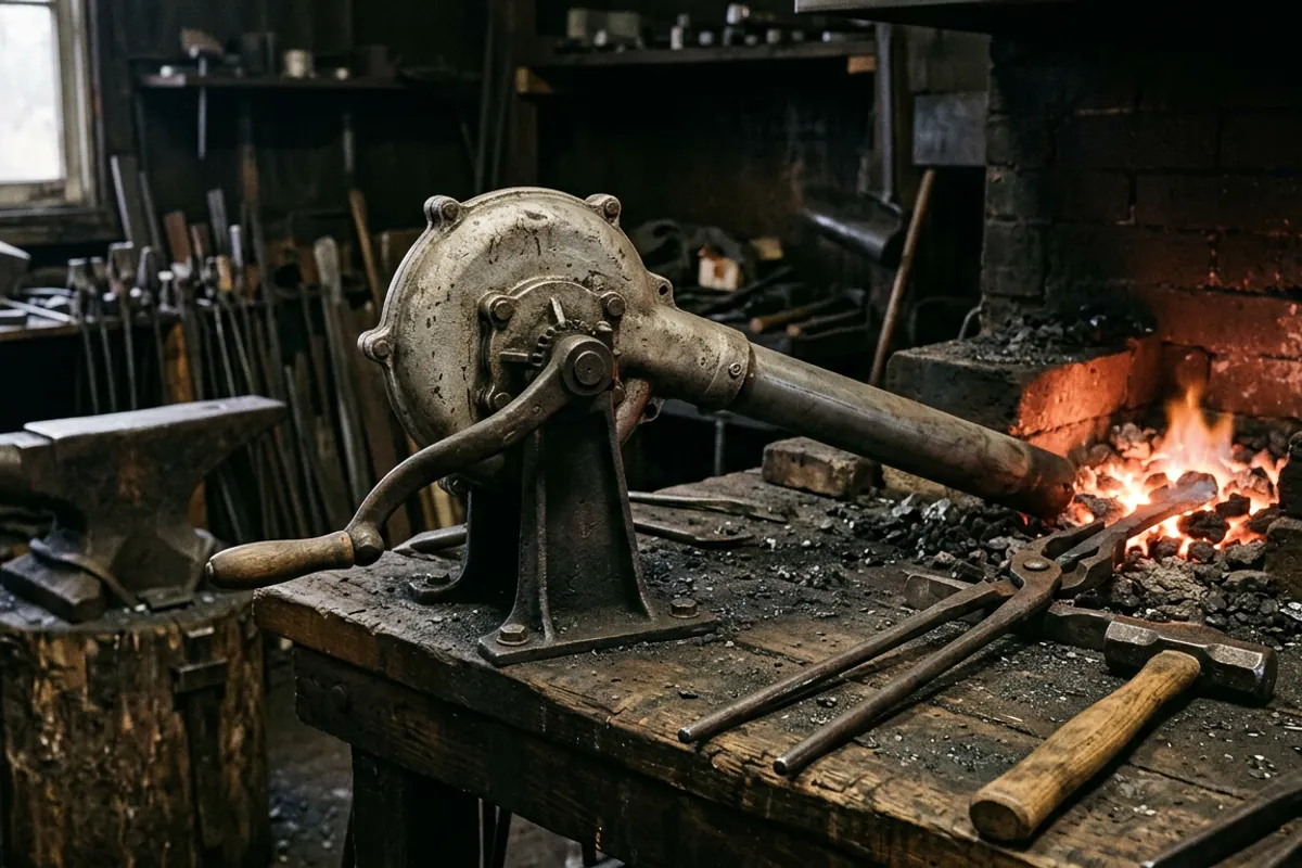 An 8 inch cast aluminum hand crank forge blower on a workbench with its outlet pipe aimed at a firepot