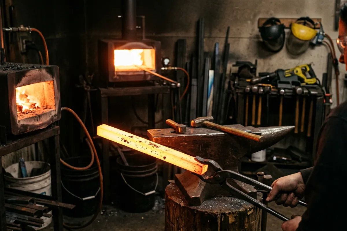 Tongs holding hot stainless bar stock at a forge, showing why forge heat fights the hardening of stainless steel