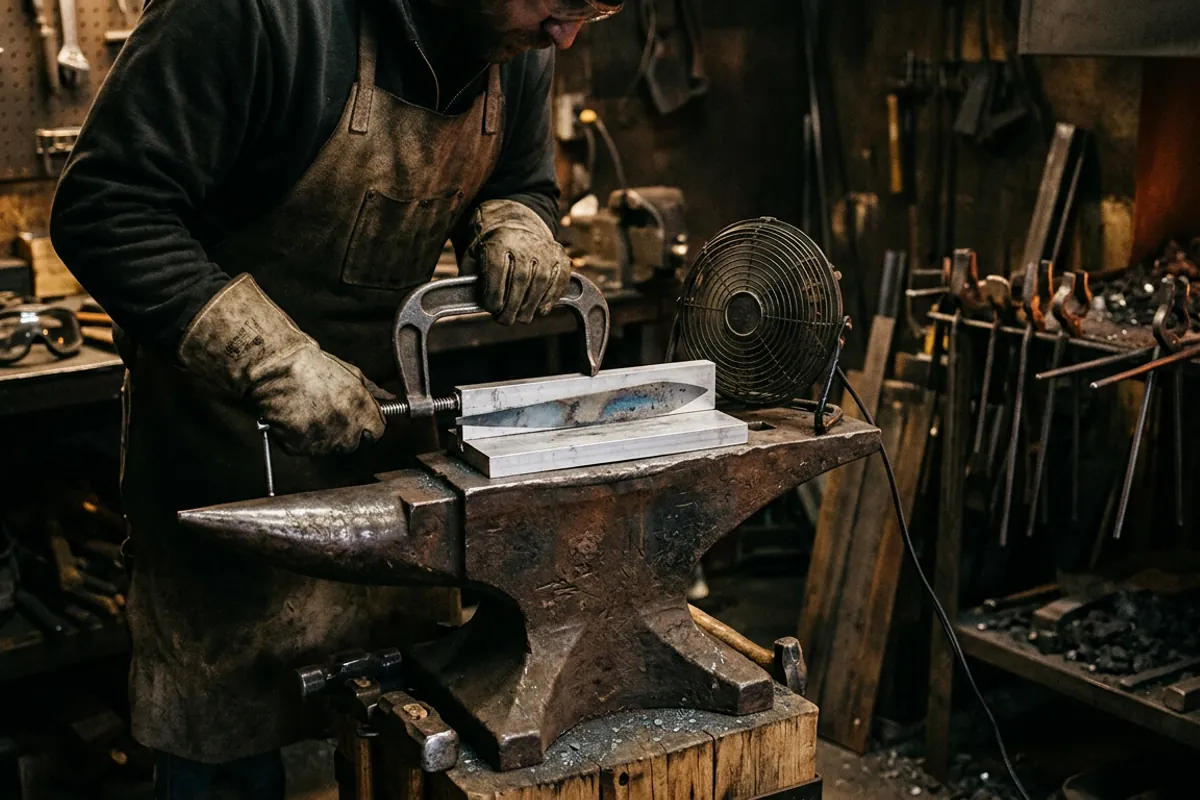 A blade plate-quenched between aluminum plates on an anvil, a common step in the hardening of stainless steel