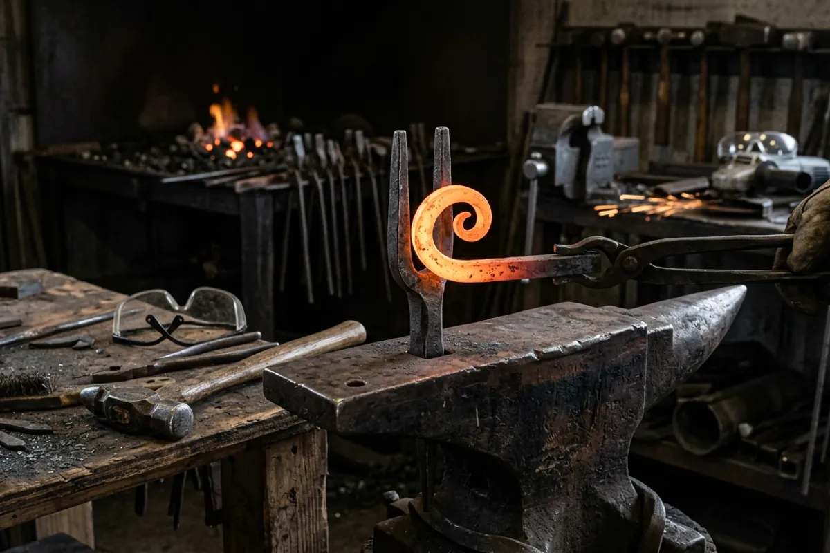 A bending fork hardie tool for anvils shaping a scroll in warm steel on the anvil