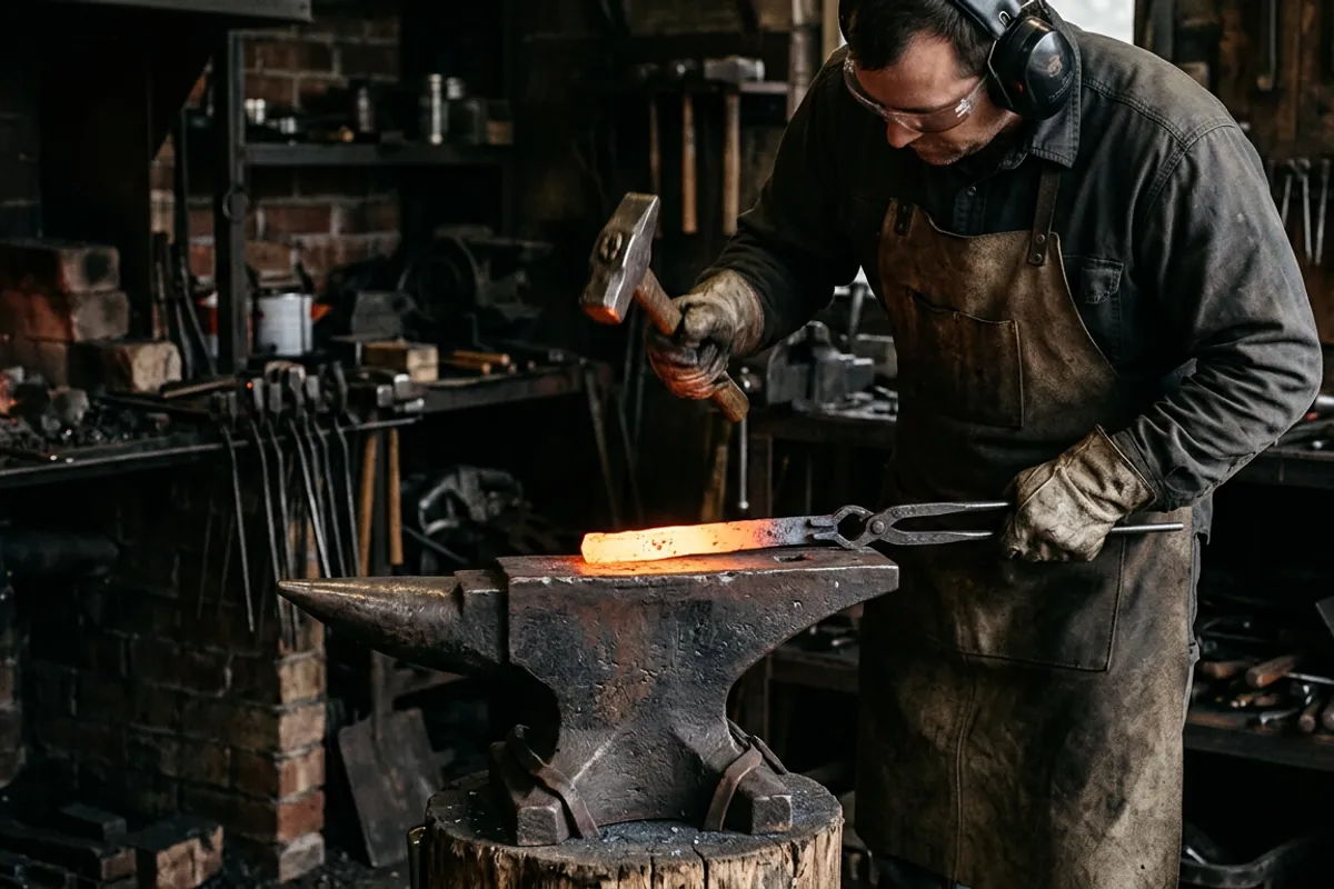 A smith wearing hearing protection for blacksmithing while working hot steel with tongs on the anvil