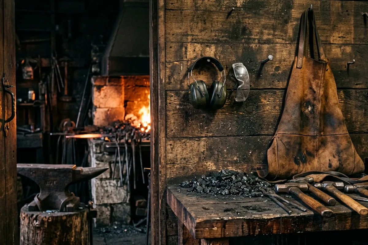Hearing protection and safety glasses hanging together by the shop door so ear protection for forging gets used every session