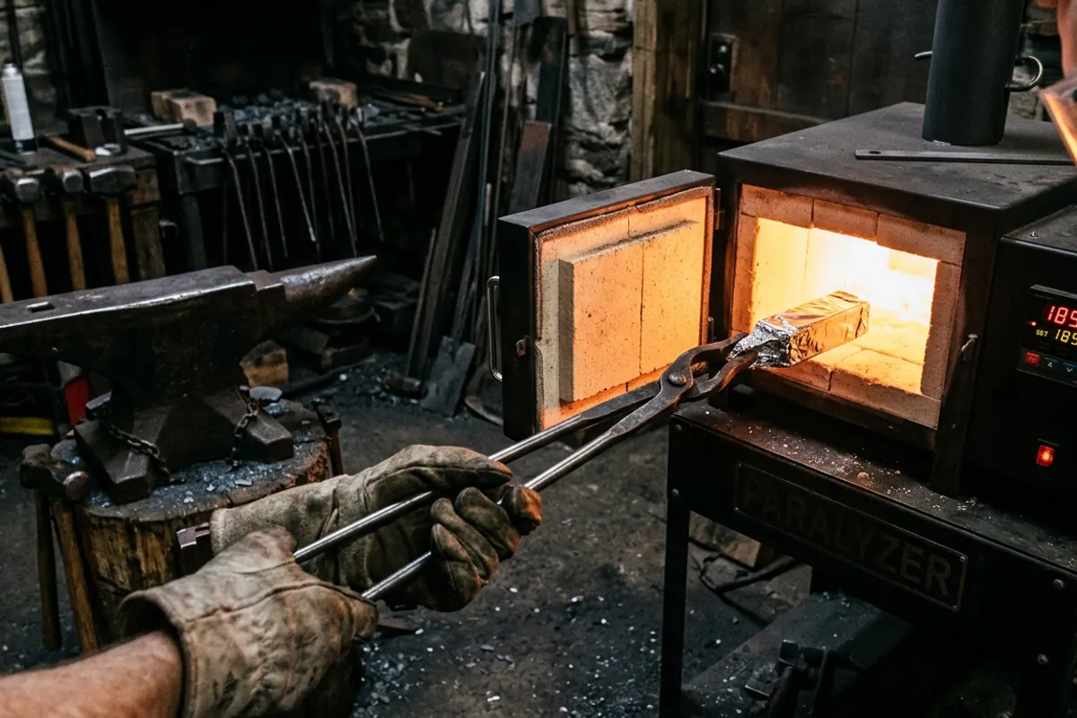 A foil wrapped bar going into a controlled oven for the heat treating A2 tool steel soak cycle
