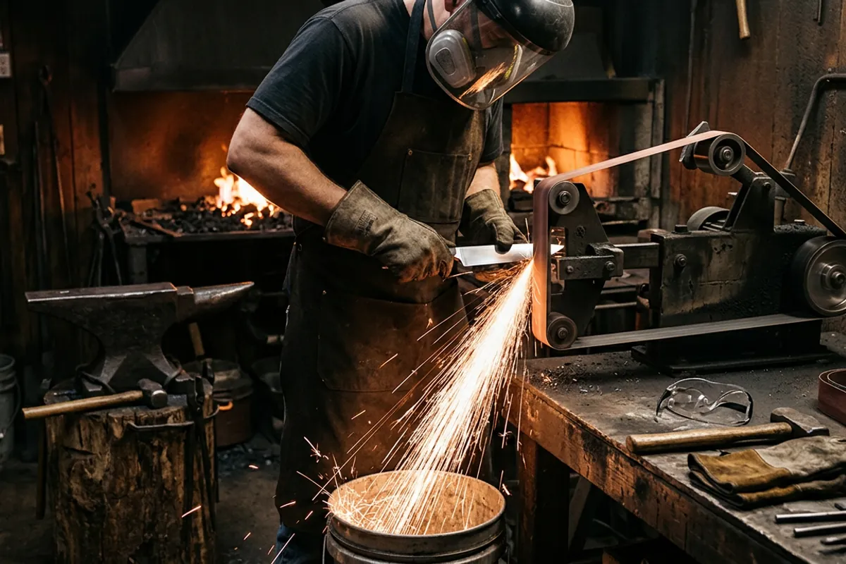 A smith grinding a hardened blade with eye and respiratory protection after heat treating stainless steel