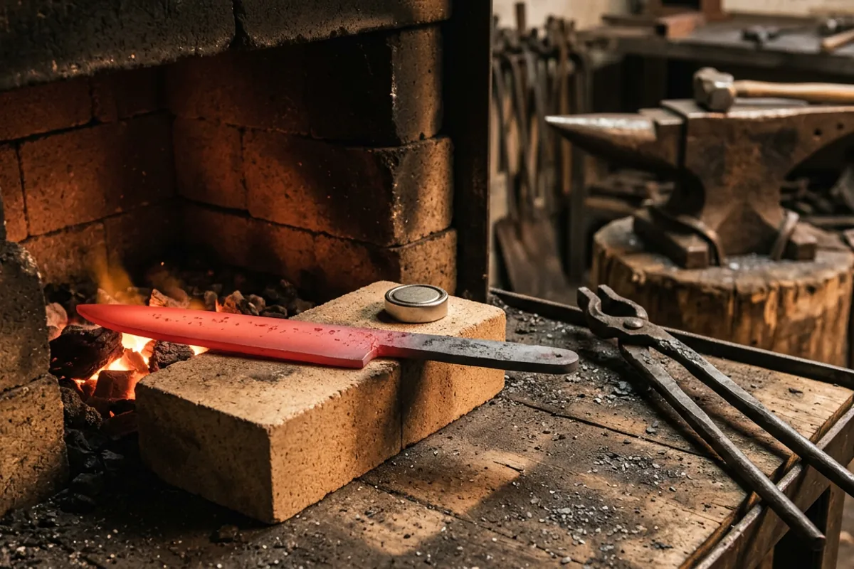 A blade at even critical heat beside a magnet, showing the hardening step of heat treating steel