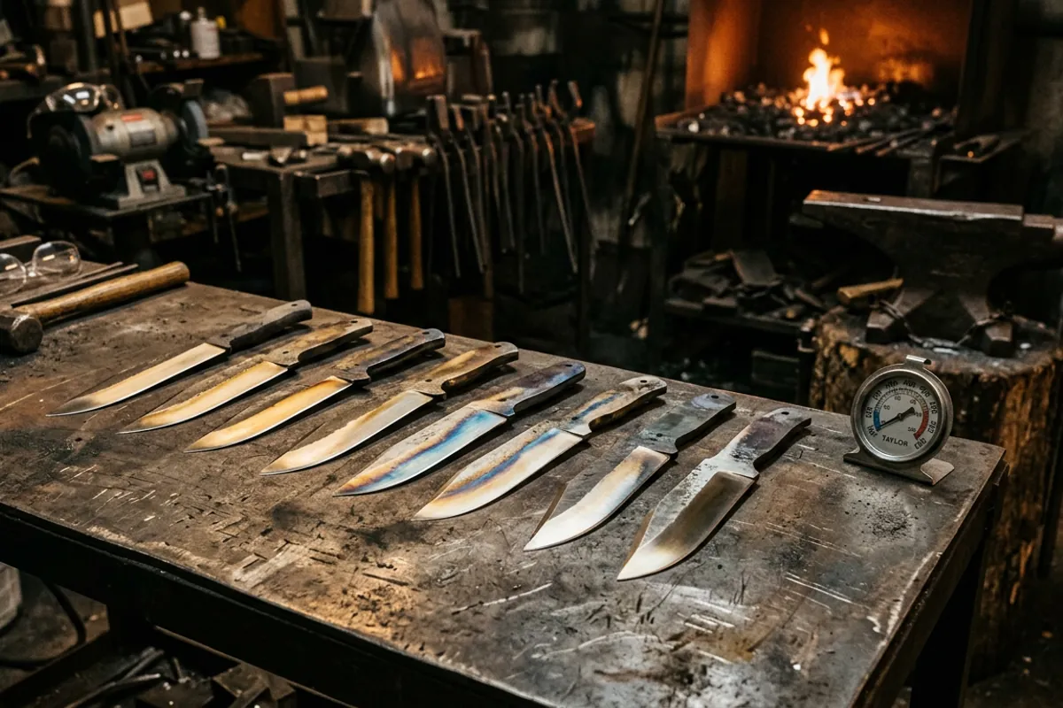 Blades showing straw and blue temper colors, the tempering stage of heat treating steel