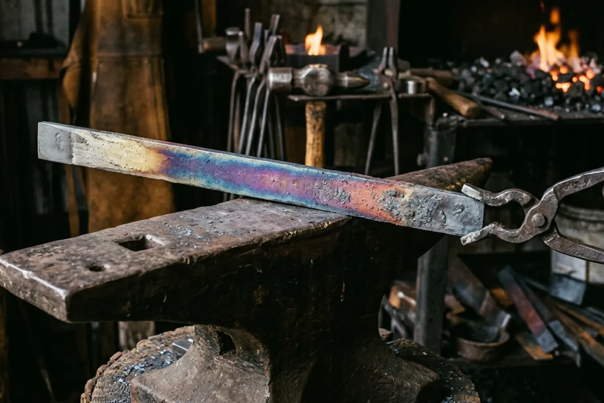 Heated stainless steel bar showing a band of rainbow heat tint colors as it cools on the anvil