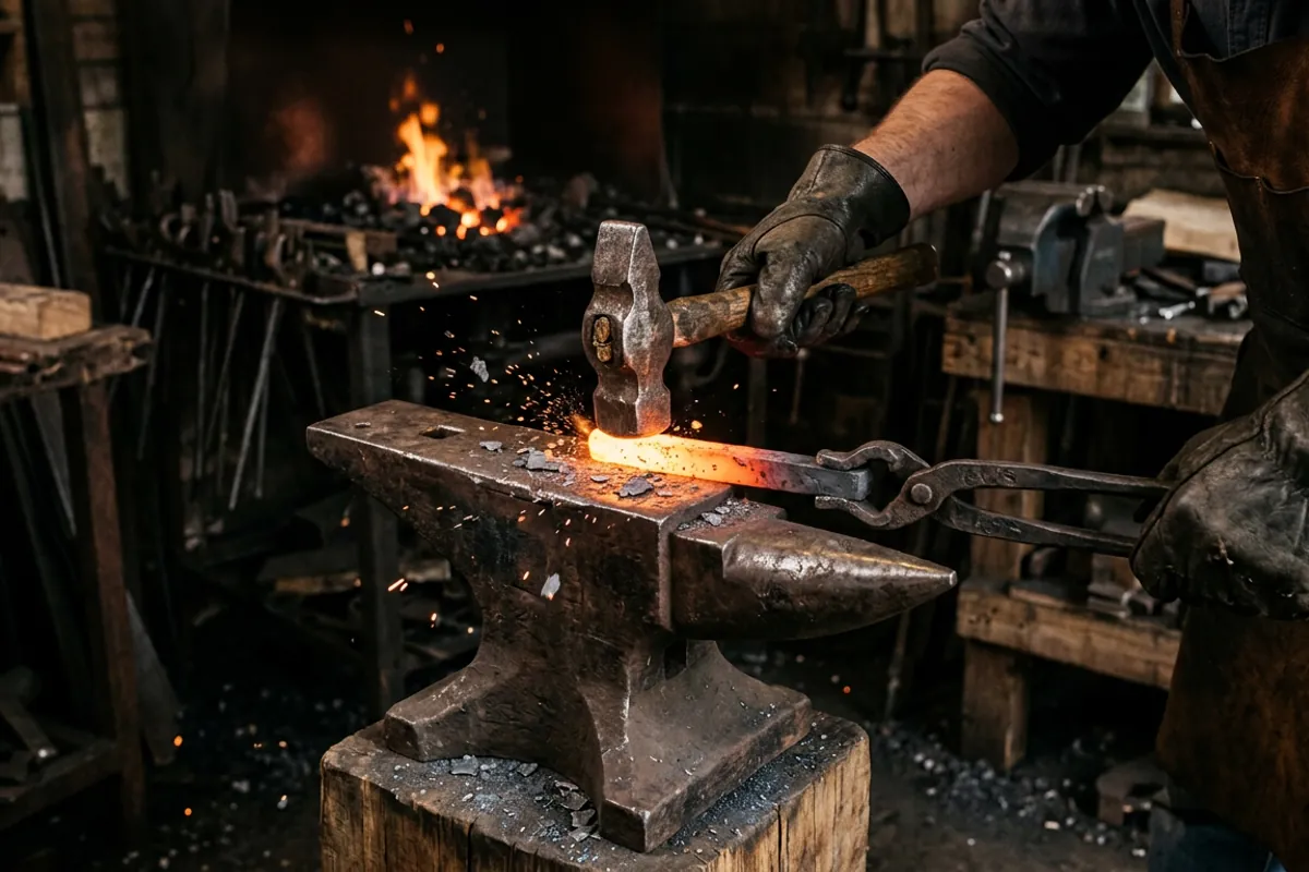 Forging a bar of heated stainless steel on the anvil with a hammer, hard scale flaking from the hot bar