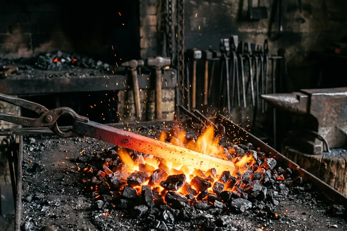 Heated steel showing a gradient of glow colors from dull red to bright yellow in a coal forge fire