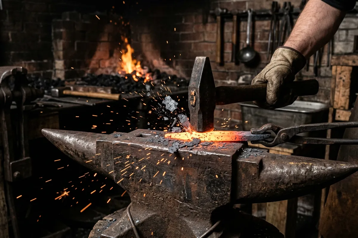 Scale flaking off heated steel under a hammer blow on the anvil in a dim forge