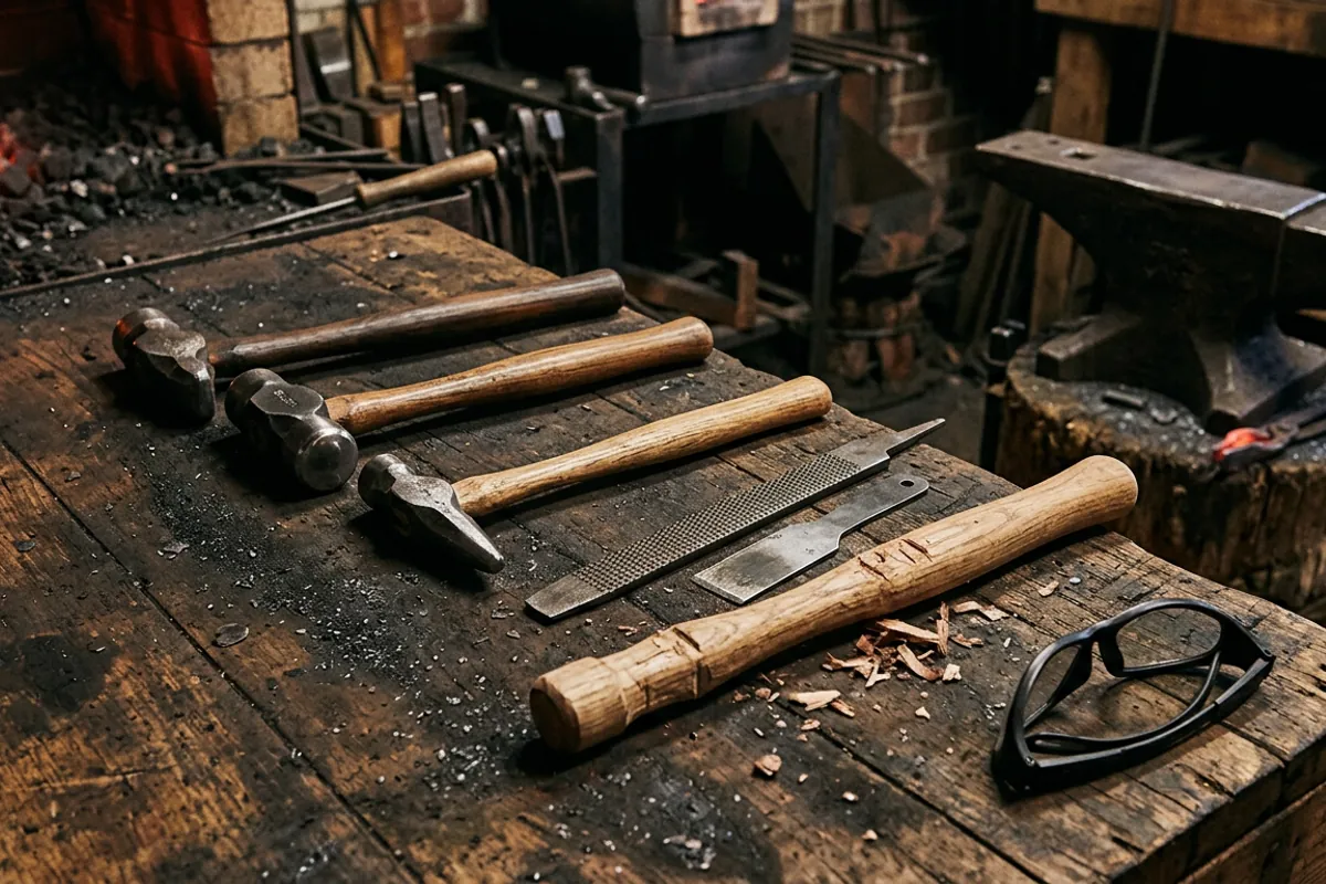 Three blacksmith hammers on a bench being compared the way smiths evaluate hoffman blacksmithing hammers and other small maker tools