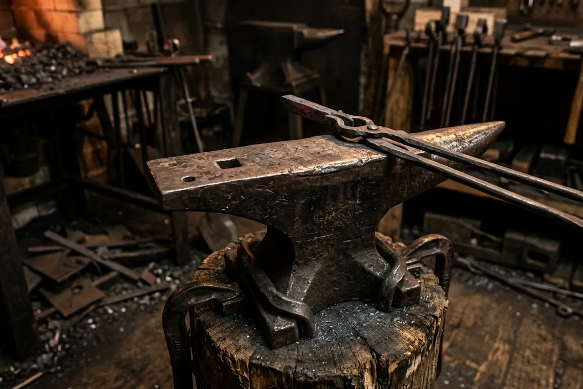 A starter anvil from a home forging kit showing its horn, face, hardy hole, and pritchel hole with tongs resting on it.