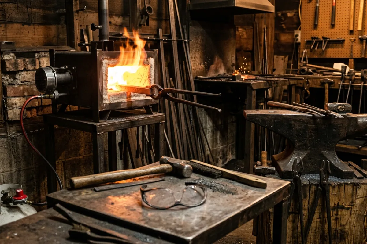 A single burner propane forge from a home forging kit heating a steel bar held in tongs at forging temperature.