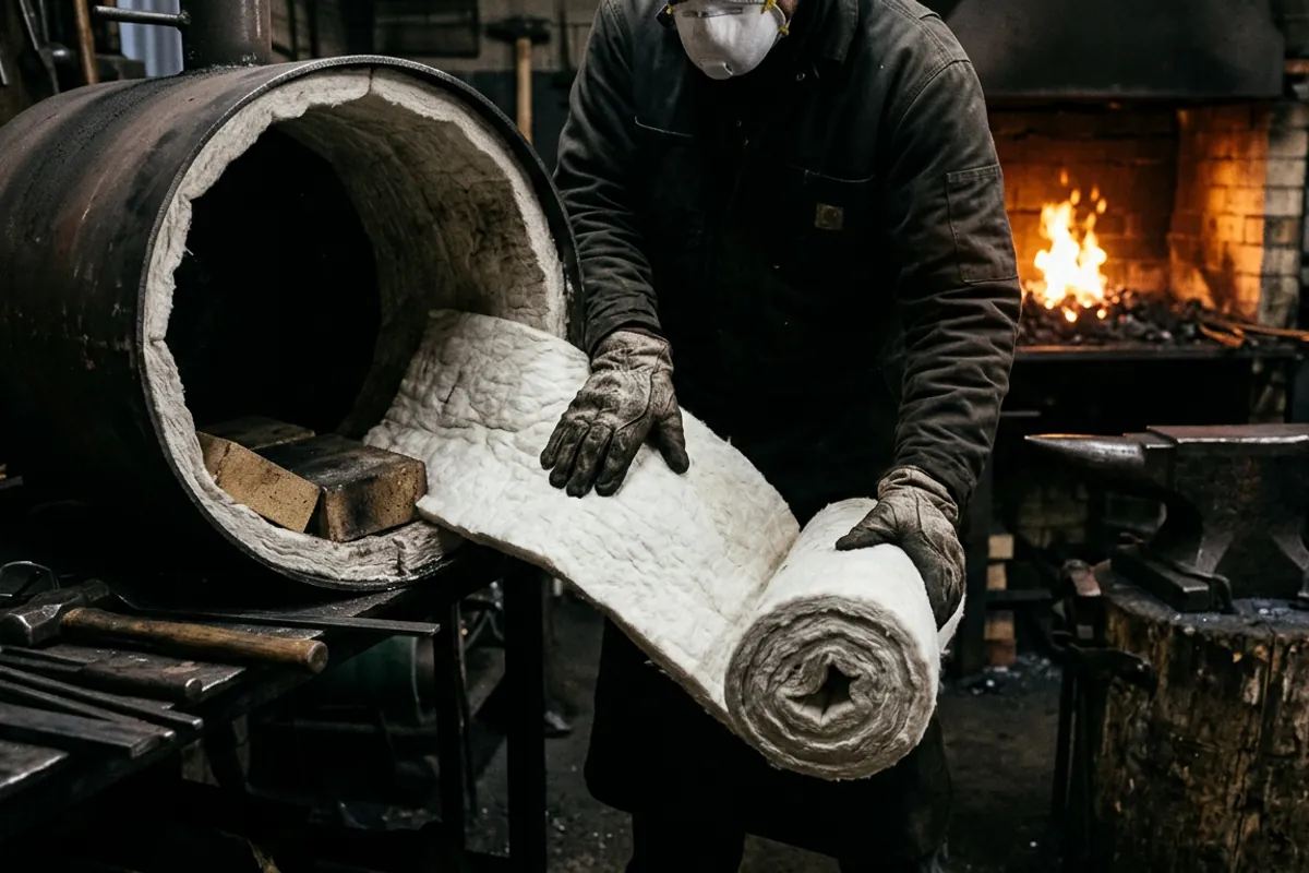 Gloved hands wearing a respirator lining a homemade forge shell with ceramic fiber insulation blanket