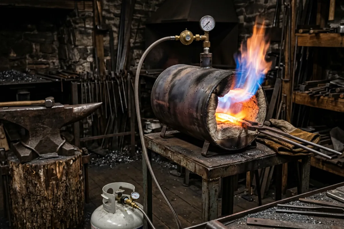 A bought burner and regulator feeding a homemade propane forge with a clean flame
