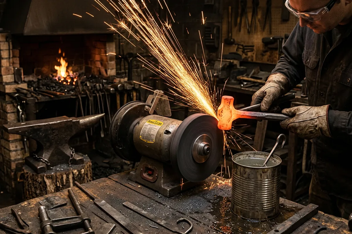 Reshaping a drilling hammer head on a grinder to make a homemade forge hammer, with eye protection and a water can for cooling
