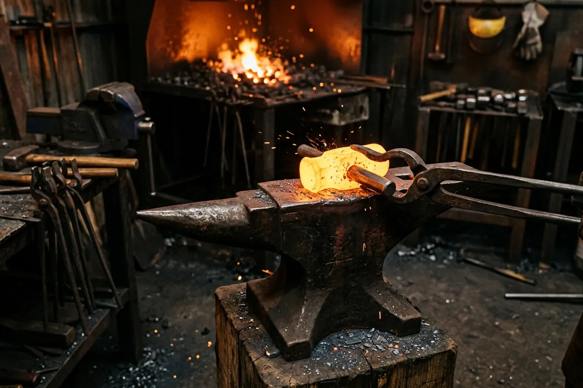Drifting the eye of a homemade forge hammer head at bright forging heat on the anvil