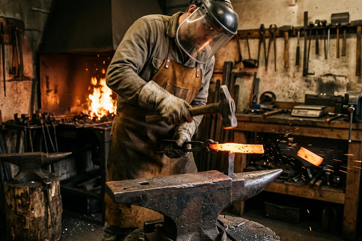 Cutting hot steel over a hot cut hardy tool while wearing eye and face protection