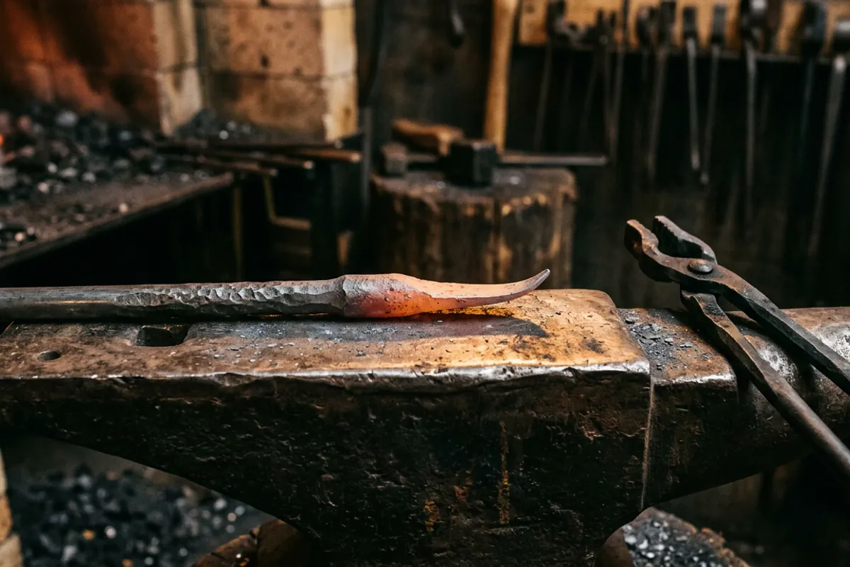 A scarfed bar end shaped and curved for a forge weld, resting on the anvil face.