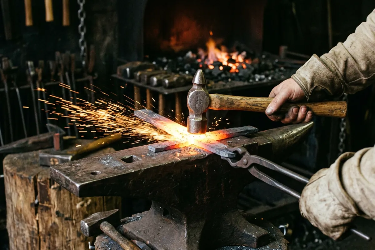 Hammering the center of a joint to close a forge weld while molten flux sprays off the anvil.