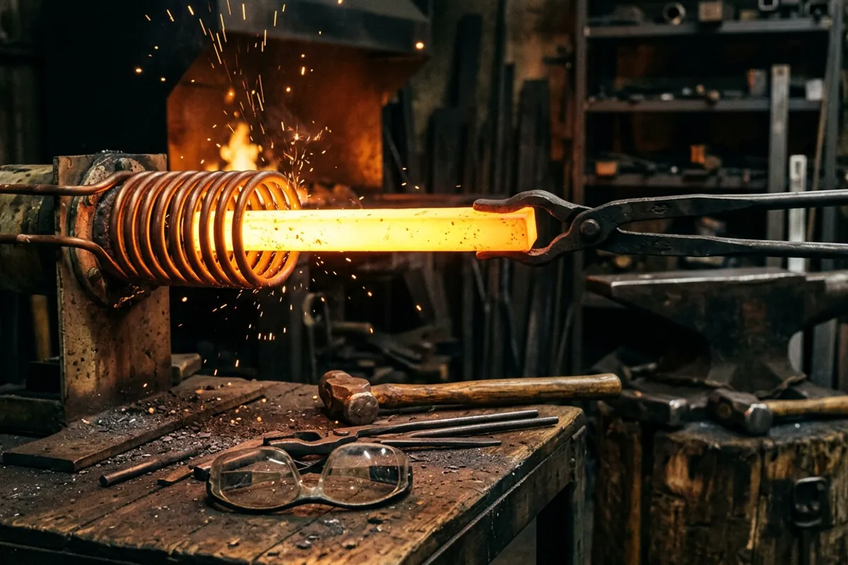 Steel bar at forging heat from an induction forge for blacksmithing, held in tongs with eye protection nearby