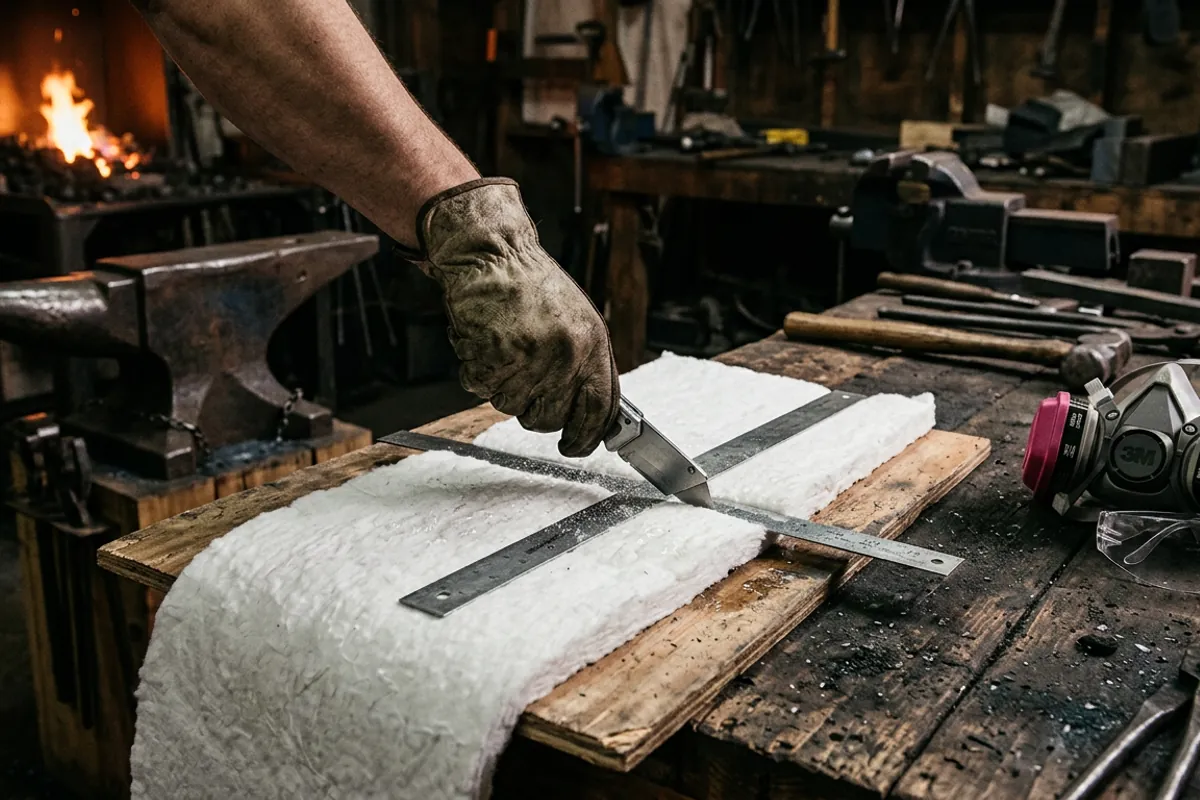 A roll of kaowool blanket being cut with a utility knife on a bench, misted with water to keep the fiber dust down.