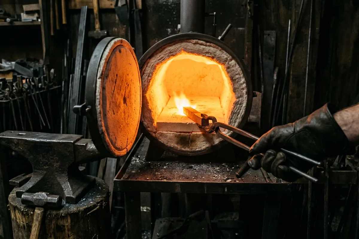 A propane forge lined with rigidized kaowool glowing orange inside while tongs hold a bar of hot steel in the flame.