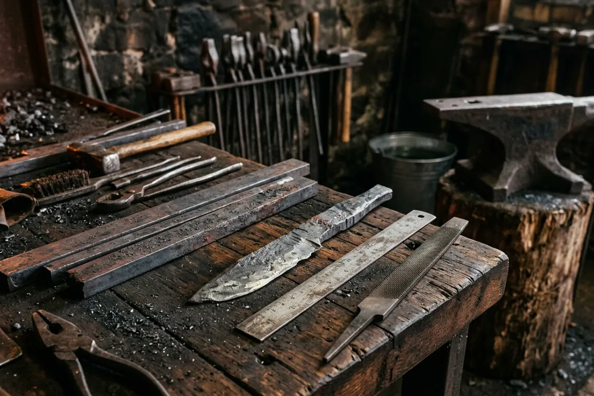 Bars of known carbon steel and a rough forged blank on the bench for knife blacksmithing.