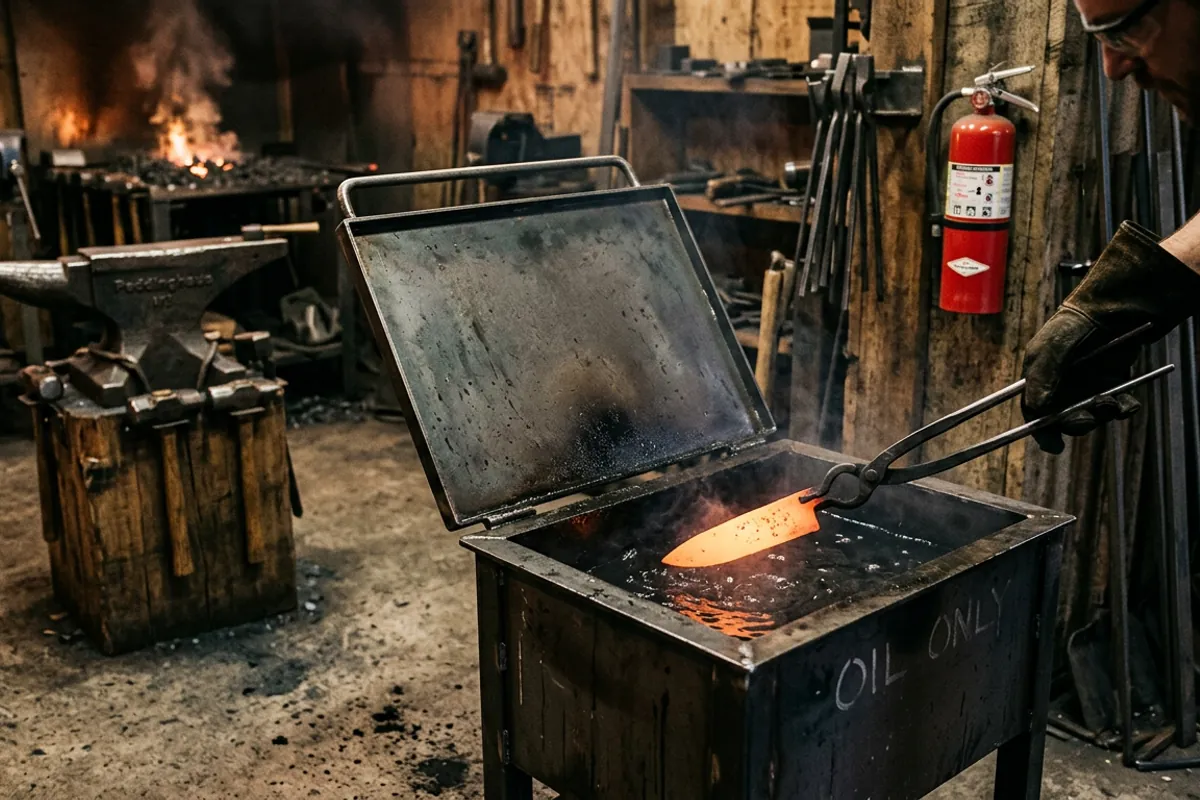 Quenching a hot blade edge first in an oil tank during the heat treat stage of knife blacksmithing.