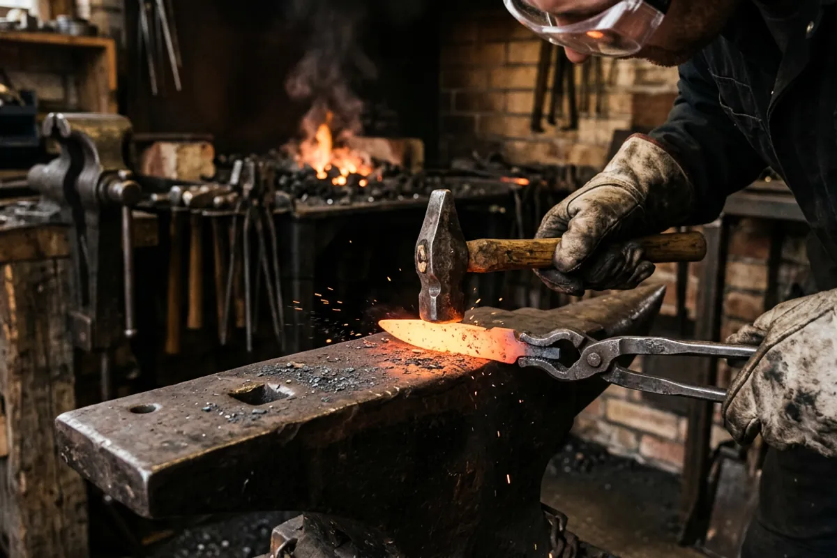 A blade blank held with tongs on the flat face of a knife forging anvil near the hardie hole