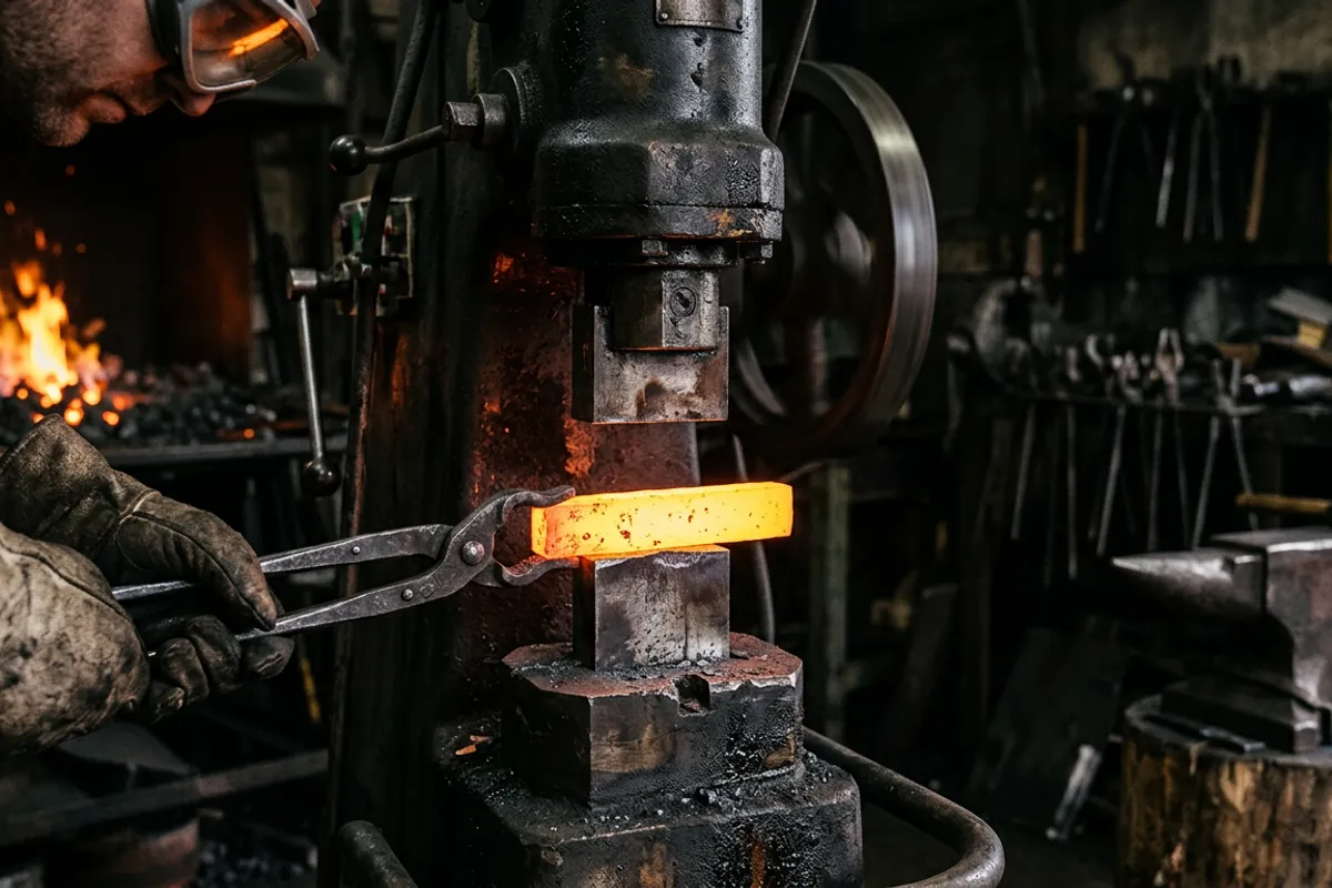 A knife forging power hammer drawing out a glowing blade billet held safely in tongs