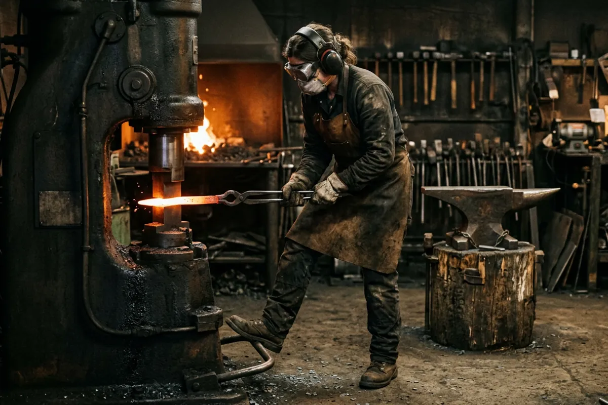 A smith in hearing protection and goggles working steel on a knife forging power hammer