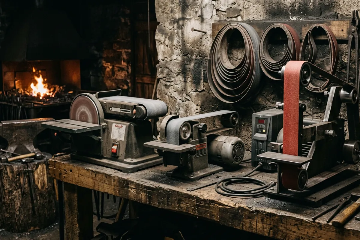 Three belt machines of different belt widths on a shop bench showing the size choices for a knife makers belt sander
