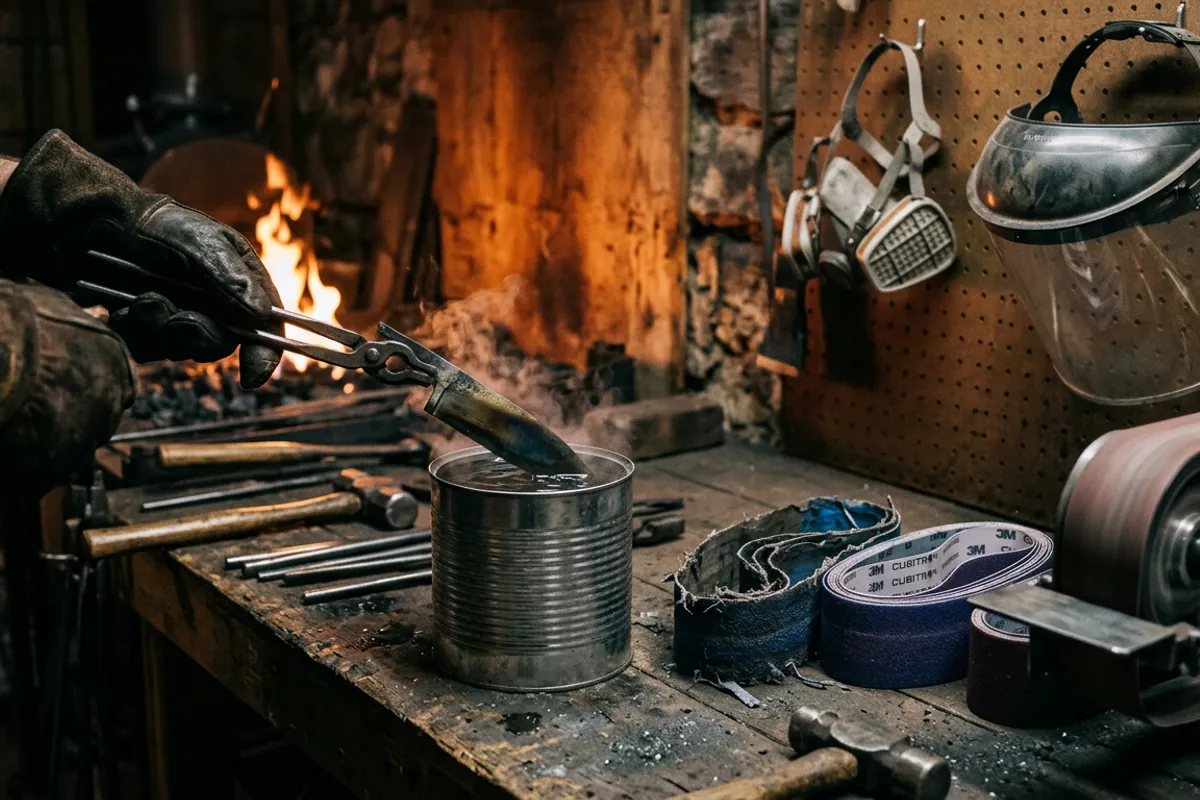 A blade being dipped in water beside a knife makers belt sander to keep grinding heat from ruining the temper