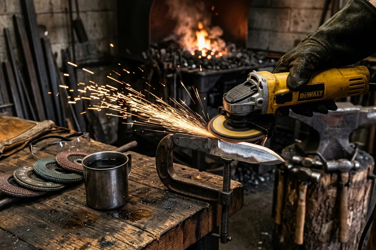 A knife making angle grinder rough grinding a blade bevel with the guard fitted and sparks flying
