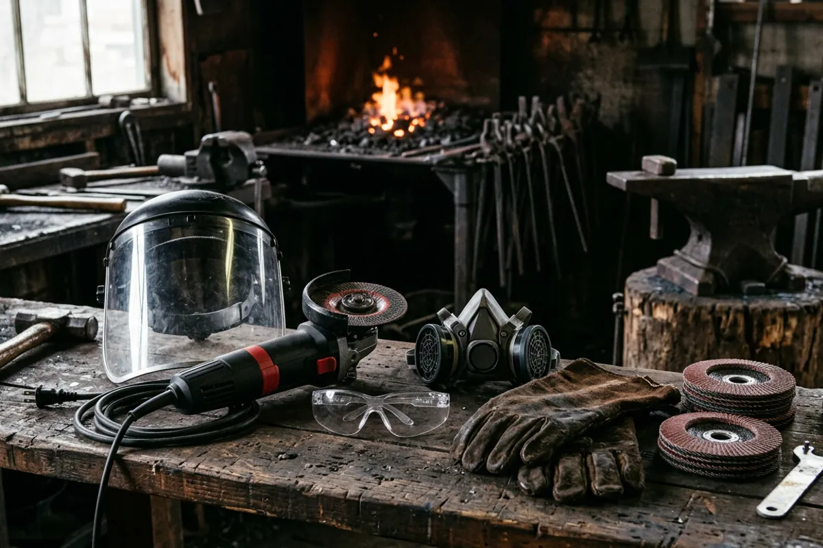 Safety gear laid out beside a knife making angle grinder including a face shield and respirator