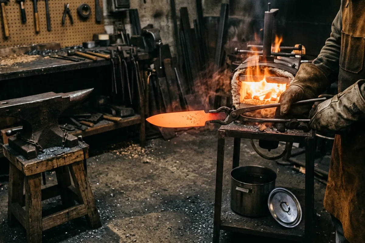 A glowing blade held in tongs at the forge mouth during knife making