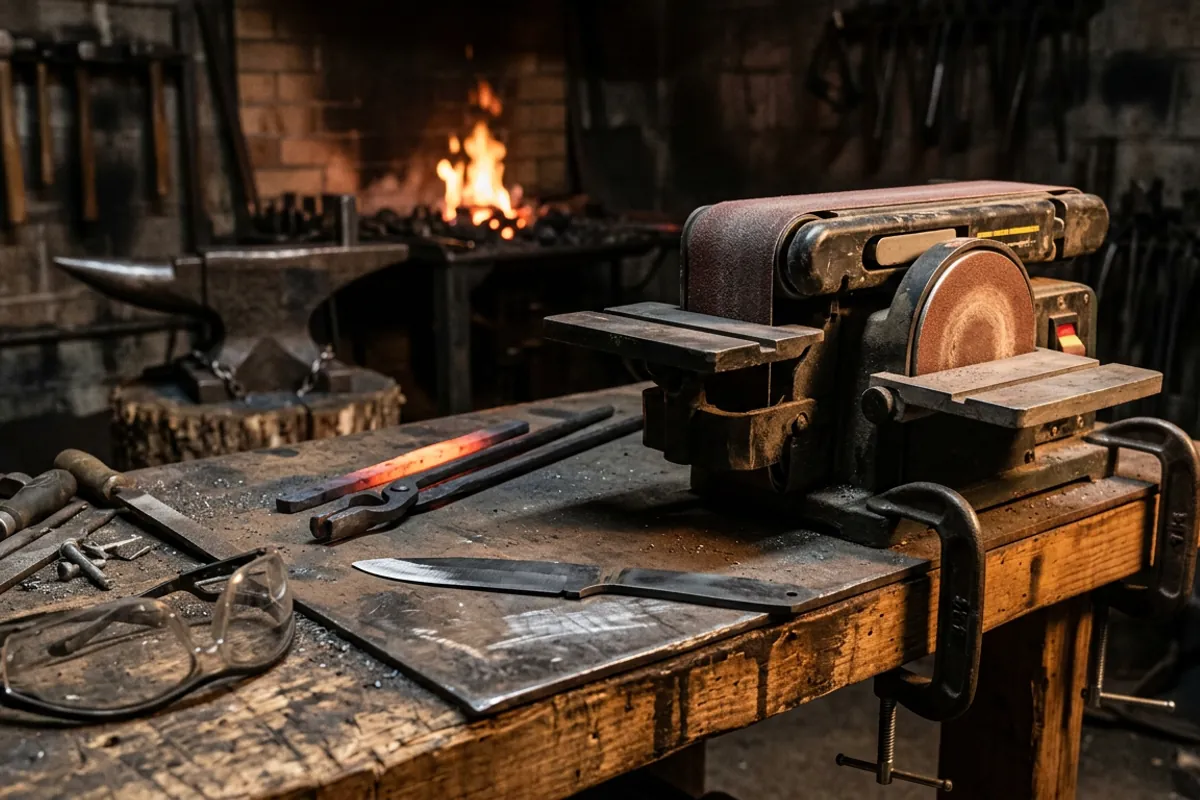 A benchtop belt sander set up as an entry level knife making grinder for sharpening and small blades.